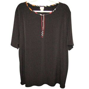 Chicos Black Hook Front Henley Top Womens Size XXL 4 Stripe Trim Short Sleeve
